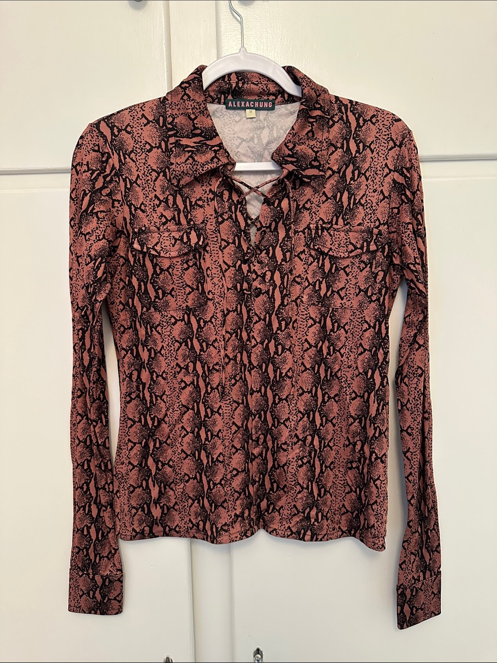 LIKE NEW Alexa Chung Pink Salmon and Black Snakeskin Blouse with Lace Up V-Neck